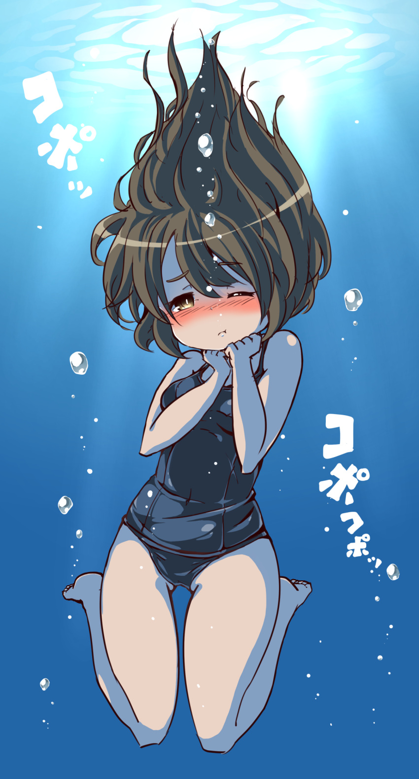1girl, ;t, air_bubble, bangs, barefoot, blue_swimsuit, blush, breasts