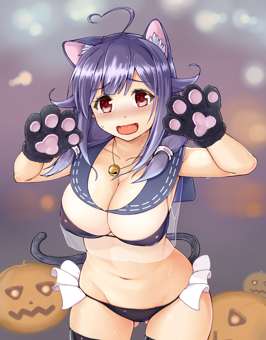 1girl, ahoge, animal_ears, bell, blush, breasts, cat_ears, cat_girl