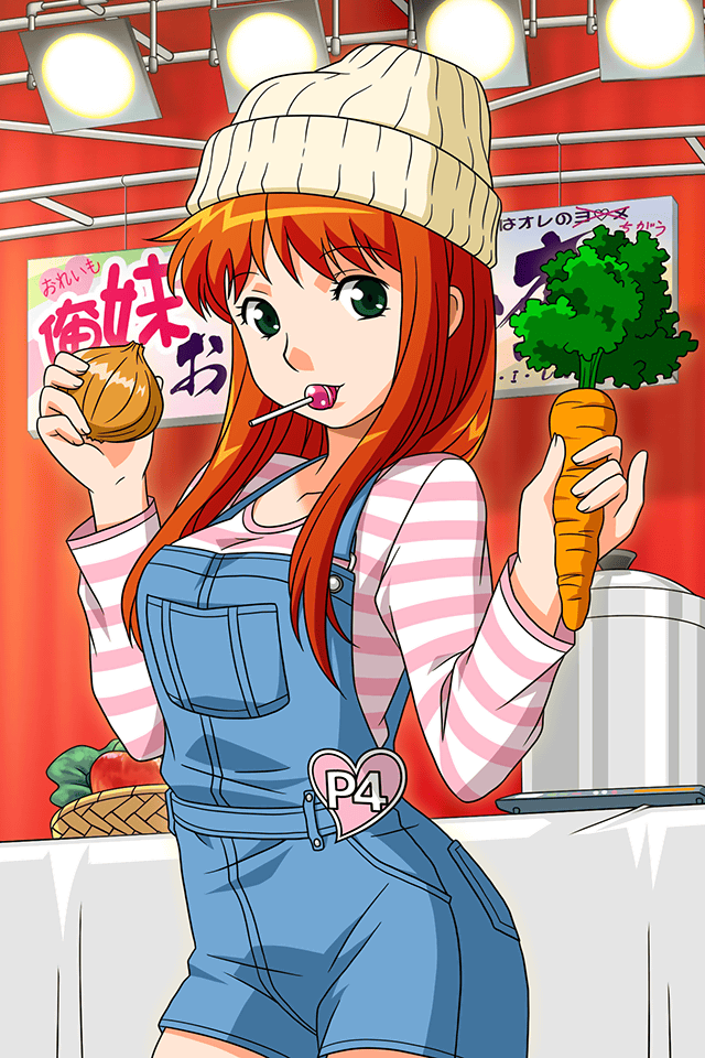 1girl, candy, carrot, cow_print, eyebrows, eyebrows_visible_through_hair, food, green_eyes, hair_over_shoulder, hat, holding, lollipop, long_hair, long_sleeves, looking_at_viewer, mana_(super_real_mahjong), mouth_hold, official_art, onion, orange_hair, shirt, solo, striped, striped_shirt, super_real_mahjong, suspenders, tanaka_ryou