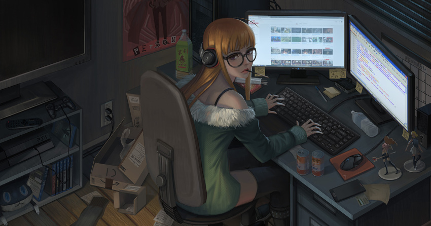 1girl, bloodborne, bottle, box, can, cardboard_box, cellphone, chair, computer, computer_keyboard, computer_mouse, controller, cover, desk, electric_socket, figure, food, game_console, game_controller, game_cover, glasses, headphones, looking_at_viewer, monitor, mousepad, orange_hair, persona, persona_5, phone, playstation, playstation_4, pocky, sakura_futaba, sitting, smartphone, soda_can, solo, stuffed_toy, television, television_screen, yagaminoue