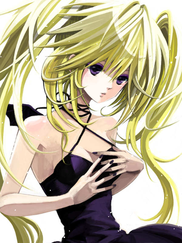blonde_hair, breasts, cleavage, dress, hoshina_utau, long_hair, nail_polish, nire