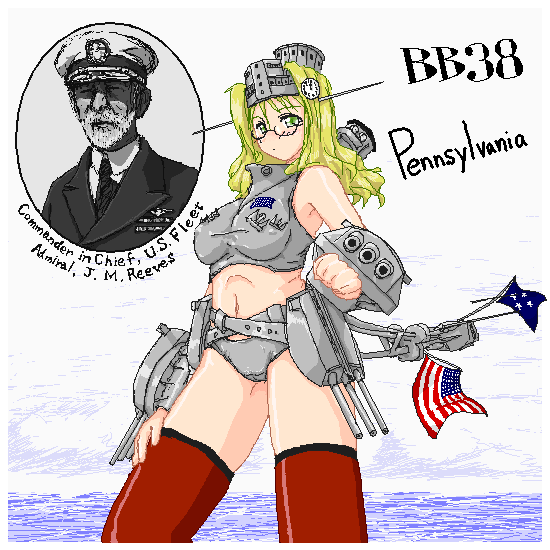 1boy, 1girl, aiming, aiming_at_viewer, american_flag, bare_shoulders, battleship, beard