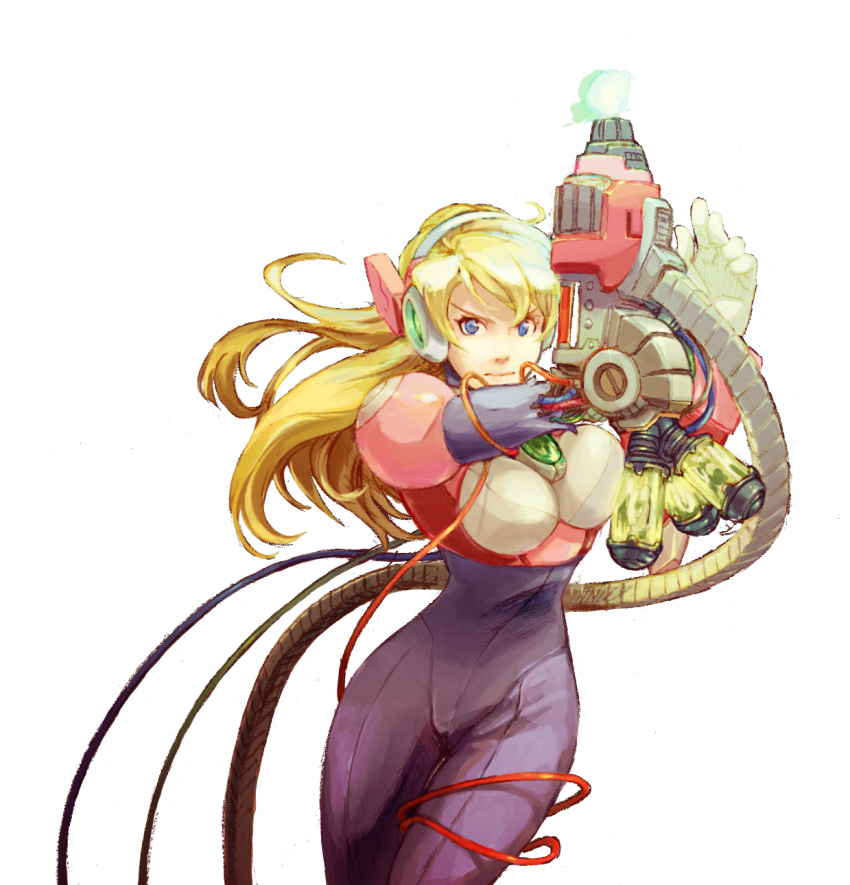 1girl, alia, alia_(rockman), armor, blonde_hair, blue_eyes, breasts, cable