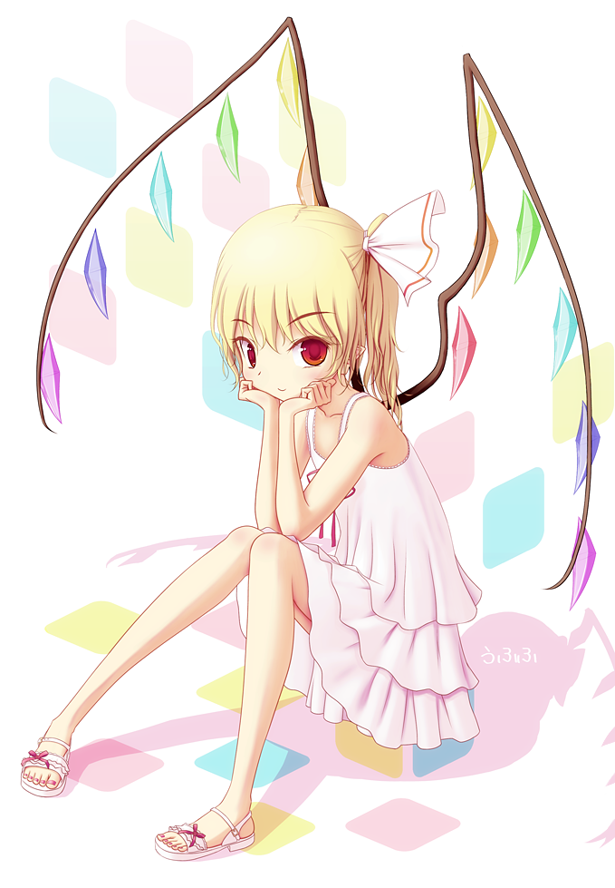 1girl, bare_shoulders, blonde_hair, blush, bow, dress, female, flandre_scarlet