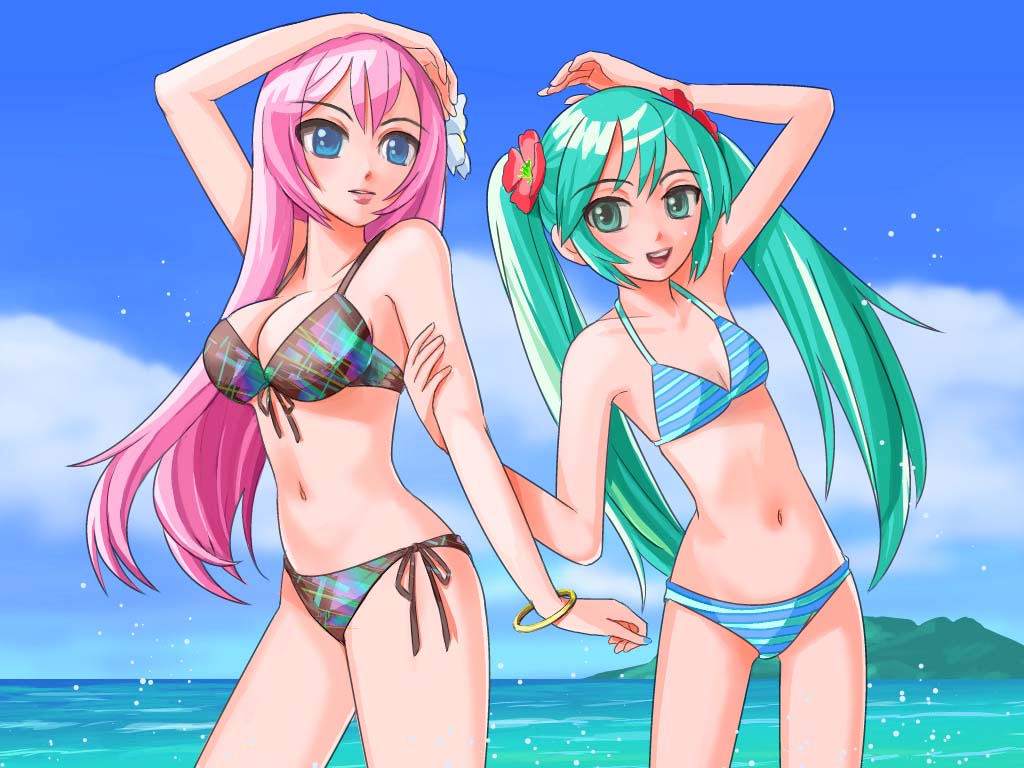 2girls, bikini, blue_eyes, bracelet, flower, front-tie_top, green_eyes, green_hair, hatsune_miku, hibiscus, jewelry, long_hair, megurine_luka, multiple_girls, navel, open_mouth, pink_hair, ren-chan, side-tie_bikini, smile, striped, striped_bikini, striped_swimsuit, swimsuit, twintails, vocaloid