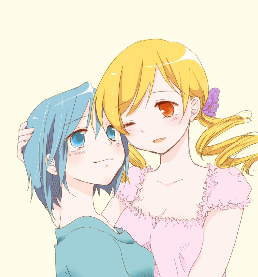 2girls, bad_id, bi_ru, blonde_hair, blue_eyes, blue_hair, breasts, casual, cleavage, drill_hair, flower, hair_flower, hair_ornament, hug, mahou_shoujo_madoka_magica, medium_breasts, miki_sayaka, multiple_girls, one_eye_closed, short_hair, smile, tears, tomoe_mami, wink, yellow_eyes
