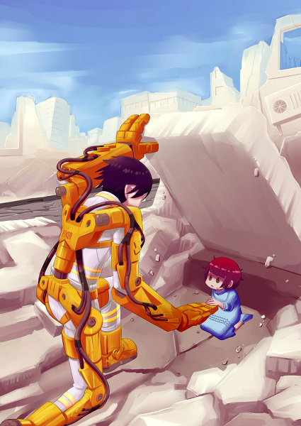 2011_sendai_earthquake_and_tsunami, aeues, bad_id, black_hair, brown_hair, child, city, earthquake, good_end, jpeg_artifacts, mecha, oekaki, power_armor, power_suit, ruins