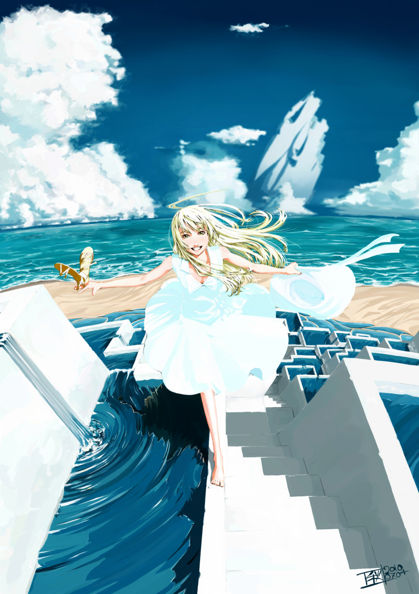 1girl, absurdres, barefoot, beach, blonde_hair, chitose_shuusui, clouds, dress