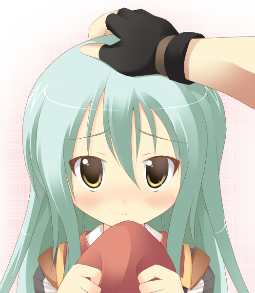 1girl, blush, fingerless_gloves, gloves, green_hair, hand_on_another's_head, hand_on_head, hizuki_aki