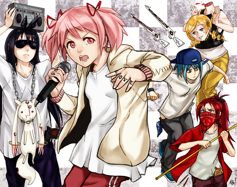 5girls, akemi_homura, antique_firearm, bandanna, baseball_cap, black_hair, blonde_hair, blood, blue_eyes, blue_hair, boombox, chains, contemporary, decapitation, drill_hair, firelock, flintlock, food, gokotan, gun, hat, headless, kaname_madoka, kyubey, long_hair, magical_musket, mahou_shoujo_madoka_magica, mami_mogu_mogu, microphone, miki_sayaka, multiple_girls, panties, pants, pink_eyes, pink_hair, ponytail, red_eyes, redhead, rifle, sakura_kyouko, shirt, short_hair, spoilers, striped, striped_panties, sunglasses, sweater, taiyaki, tattoo, tomoe_mami, twintails, underwear, wagashi, weapon, white_shirt, yellow_eyes