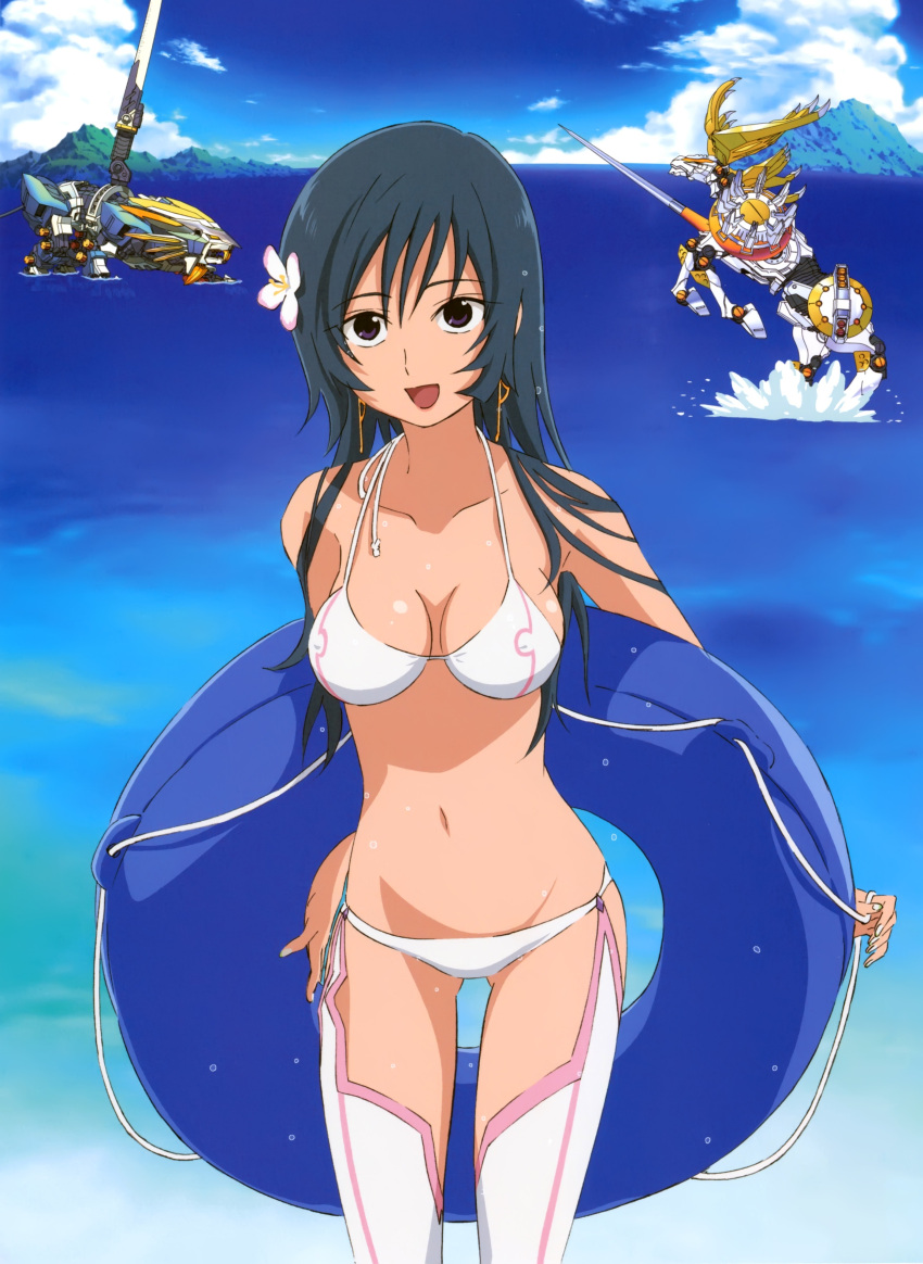 1girl, :d, absurdres, arms_behind_back, bangs, battle, bikini, blue_eyes