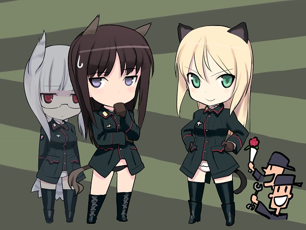 3girls, animal_ears, black_hair, black_legwear, blonde_hair, boots, chibi, flower