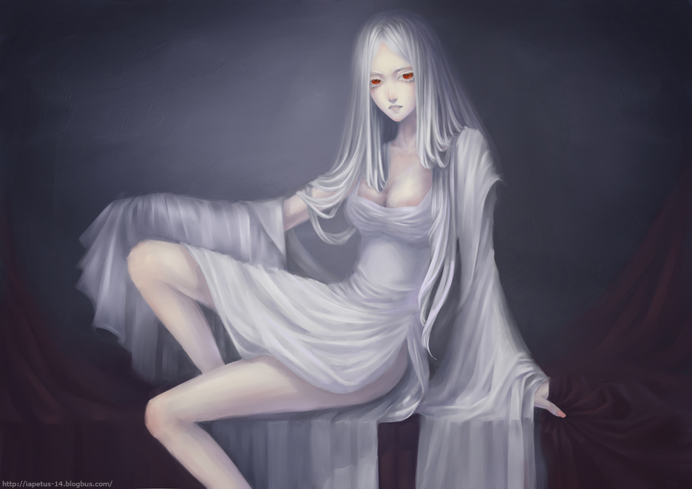 1girl, breasts, drapery, dress, female, gradient, gradient_background, grey_hair, long_hair, nail_polish, original, pale_skin, red_eyes, shawl, sitting, solo, sun_dou, white_dress, white_hair