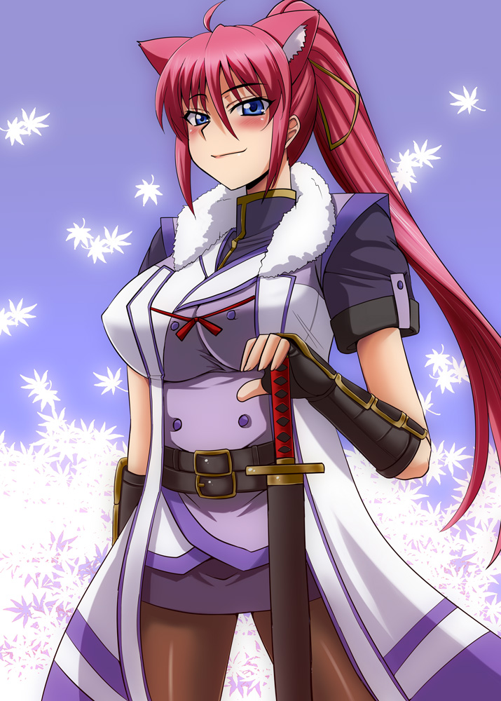 1girl, animal_ears, blue_eyes, blush, breasts, brioche_d'arquien, brioche_d'arquien_(cosplay), brown_legwear, company_connection, cosplay, dog_days, dog_ears, kemonomimi_mode, large_breasts, long_hair, lyrical_nanoha, mahou_shoujo_lyrical_nanoha, mahou_shoujo_lyrical_nanoha_a's, miniskirt, pantyhose, pink_hair, signum, skirt, solo, sword, weapon, zerosu_(take_out)