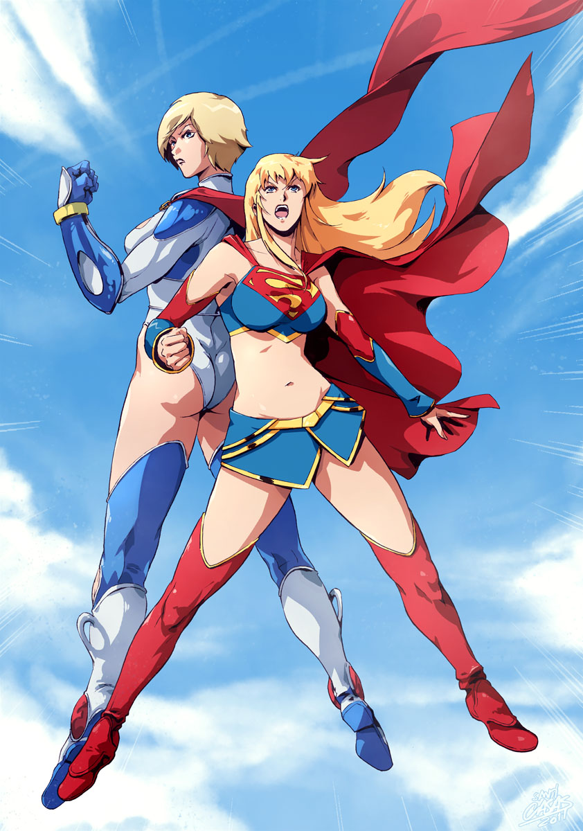 1boy, 1girl, alien, ame-comi, ass, back, back-to-back, blonde_hair, blue_eyes, boots, breasts, cape, crop_top, dc_comics, detached_sleeves, female, flying, green_eyes, halter_top, halterneck, highres, kryptonian, leotard, long_hair, midriff, miniskirt, navel, power_girl, red_cape, red_shoes, s_shield, santi_casas, shirt, shoes, shouting, skirt, smile, supergirl, superman_(series), taut_clothes, taut_shirt, thigh-highs, thigh_boots