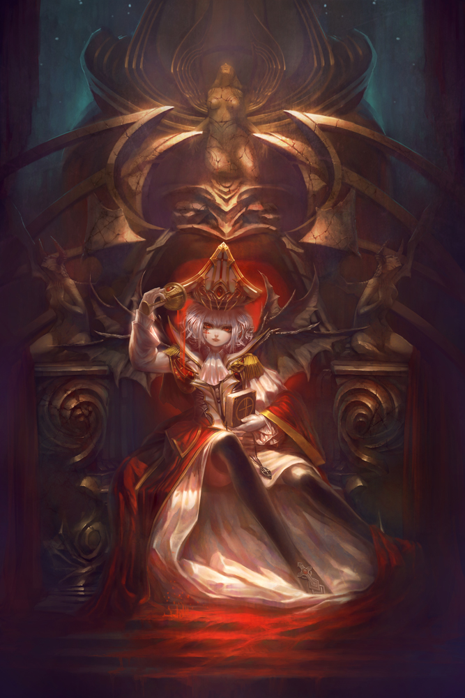 1girl, alternate_costume, blood, book, cross, dress, female, haoyuan
