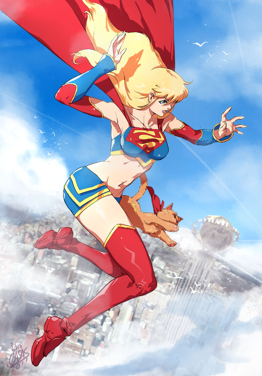 1girl, alien, ame-comi, blonde_hair, blue_eyes, boots, cape, cat