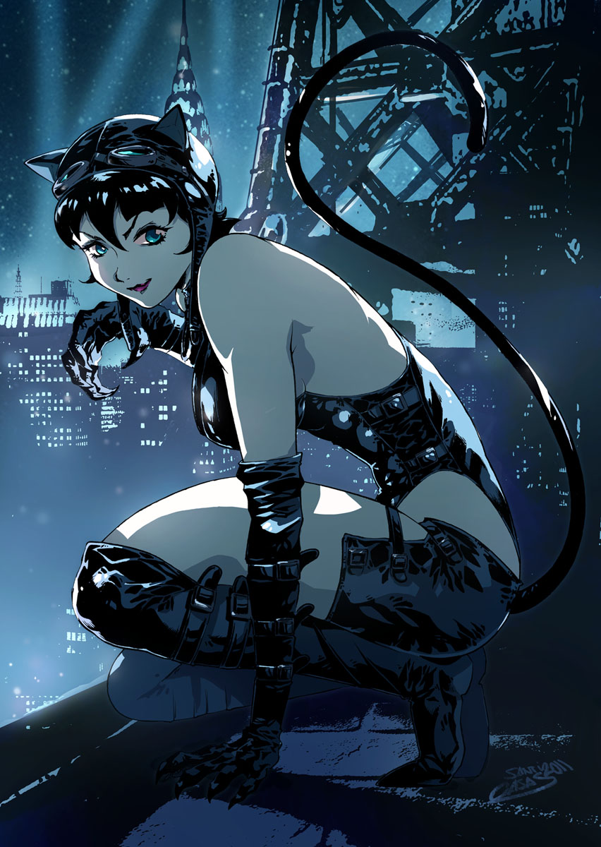 1girl, ame-comi, animal_ears, batman_(series), belt, blue_eyes, breasts, cat_ears