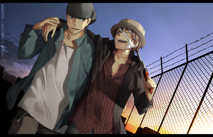2boys, bandage, barbed_wire, brown_hair, casual, chain_link, durarara!!, fence