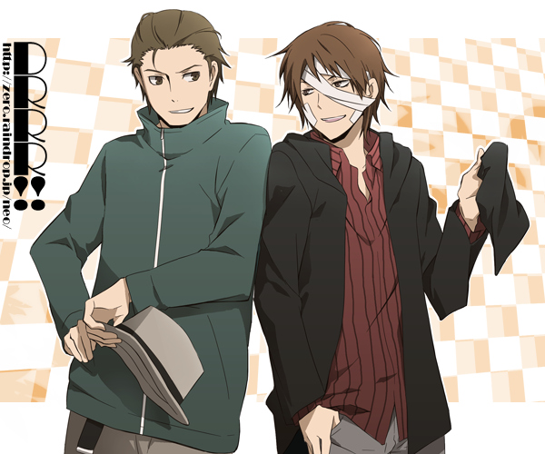 2boys, bandage, brown_hair, casual, checkered, durarara!!, grin, hat