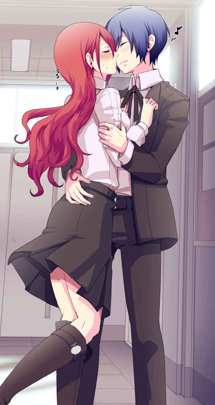 1boy, 1girl, arisato_minato, atlus, blue_hair, blush, boots, bow, closed_eyes, couple, dan_(toupe), hair_over_one_eye, hetero, highres, hug, incipient_kiss, kirijou_mitsuru, kiss, long_hair, musical_note, persona, persona_3, redhead, ribbon, school_uniform, short_hair, skirt, smile, sweatdrop, yuuki_makoto