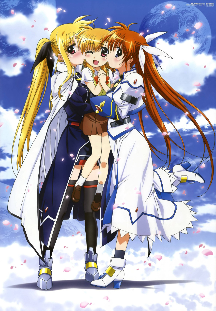 3girls, :d, absurdres, blonde_hair, blush, brown_hair, cape, carrying
