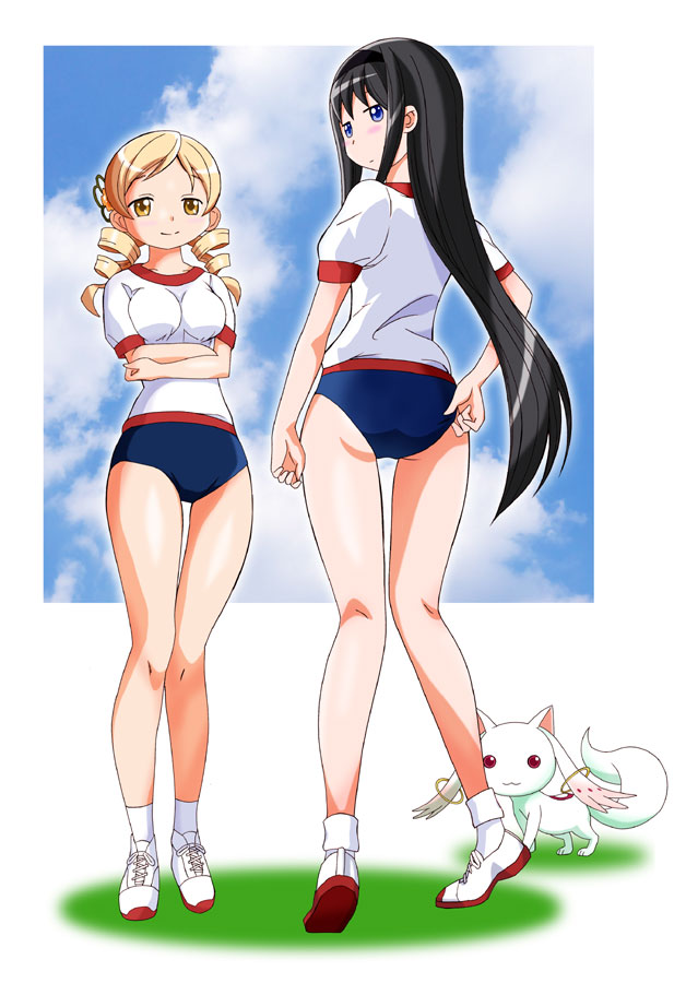 2girls, :3, adjusting_buruma, adjusting_clothes, akemi_homura, ass, back, black_hair, blonde_hair, blue_eyes, breasts, buruma, crossed_arms, drill_hair, gym_uniform, kyubey, long_hair, looking_back, mahou_shoujo_madoka_magica, multiple_girls, smile, standing, tenshinrou, tenshinrou_ryouichi, thighs, tomoe_mami, twin_drills, twintails, underwear, yellow_eyes