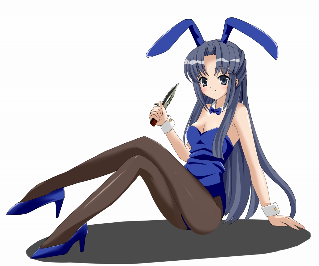 asakura_ryouko, blue_eyes, blue_hair, bunny_ears, bunnysuit, kawabata_mizuki, knife, long_hair