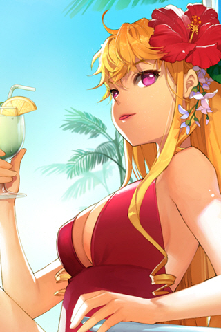1girl, :p, ahoge, bikini, blonde_hair, breasts, cinia_pacifica, cocktail, day, flower, hair_flower, hair_ornament, hibiscus, large_breasts, lowres, luthica, outdoors, solo, swimsuit, sword_girls, tongue, tongue_out, violet_eyes