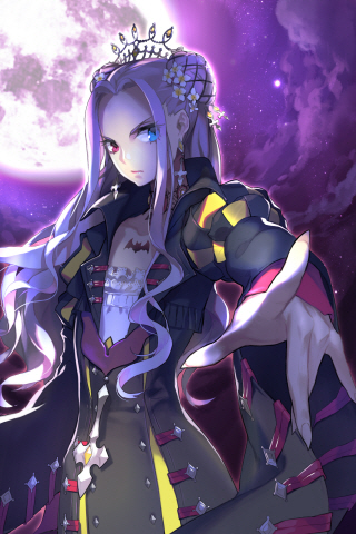 1girl, earrings, flat_chest, full_moon, gothic, gothic_lolita, hair_ornament, half_updo, heterochromia, jewelry, lolita_fashion, long_hair, lowres, luna_flina, master_luna_flina, moon, night, night_sky, silver_hair, sky, solo, sword_girls, vampire