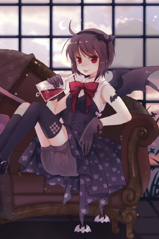 1girl, :p, bat, blood, blood_bag, brown_hair, couch, dark_lore, gloves, gothic_lolita, lolita_fashion, lowres, red_eyes, rednian, rion_flina, short_hair, shorts, solo, sword_girls, thigh-highs, tongue, tongue_out, vampire, wings