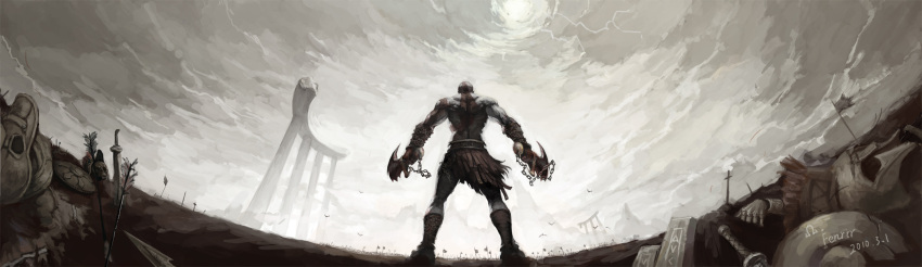 10s, 1boy, 2010, arrow, chains, fenrir_(buzhidaoshishuei), fisheye, from_behind