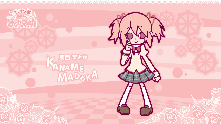 1girl, hair_ribbon, hakusairanger, highres, kaname_madoka, mahou_shoujo_madoka_magica, parody, pink_eyes, pink_hair, pop'n_music, ribbon, school_uniform, skirt, smile, solo, style_parody, thigh-highs, wallpaper