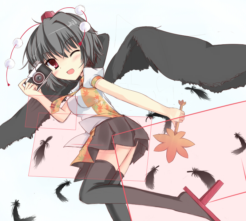1girl, black_hair, black_legwear, camera, dress_shirt, fan, feathers, female