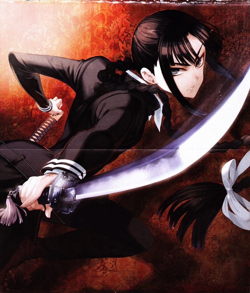 1girl, black_hair, blue_eyes, female, highres, inuzuka_yayoi, katana, kurenai