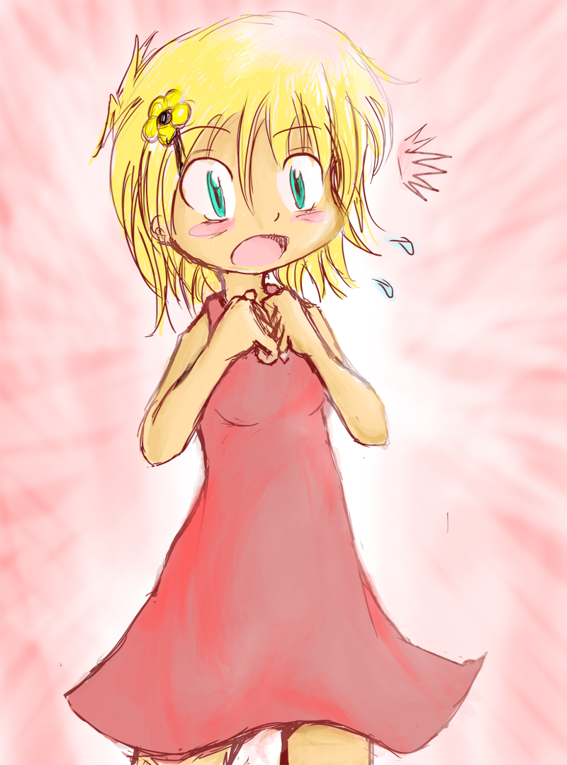 1girl, :o, blonde_hair, child, dress, green_eyes, hair_ornament, hairclip