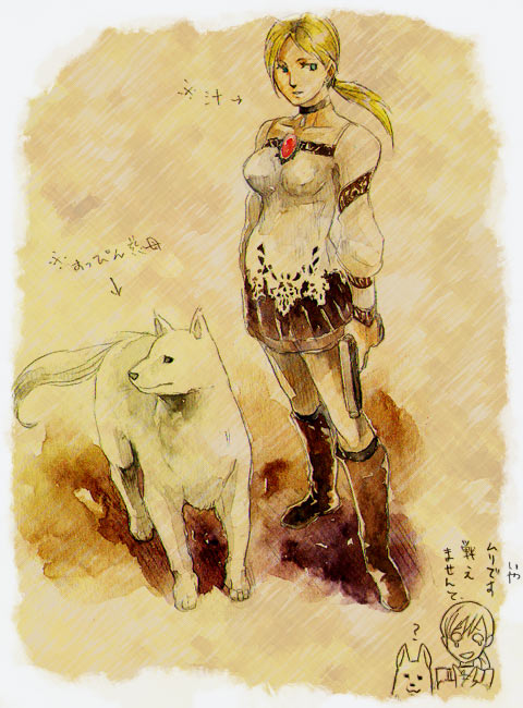1girl, amaterasu, aqua_eyes, blonde_hair, blouse, boots, brooch, capcom