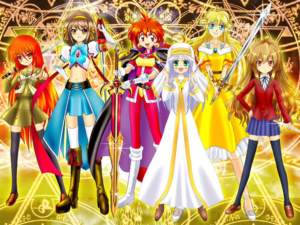 ahoge, aisaka_taiga, alastor_(shakugan_no_shana), cleo_everlastin, crossover, flat_chest, index, jewelry, lina_inverse, luna_rune, majutsushi_orphen, pendant, school_uniform, shakugan_no_shana, shana, slayers, suzumiya_haruhi, suzumiya_haruhi_no_tomadoi, suzumiya_haruhi_no_yuuutsu, sword, to_aru_majutsu_no_index, toradora!, weapon