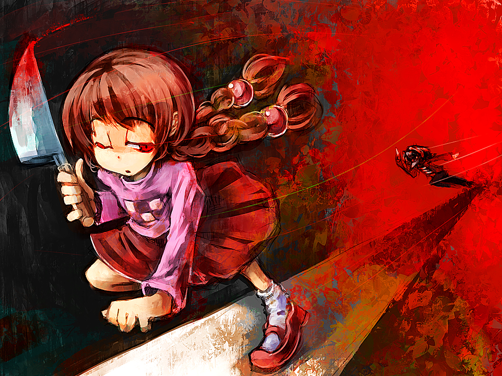 braid, brown_hair, chase, chasing, knife, madotsuki, red_eyes, running