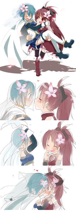 bridal_veil, funmatu, kiss, mahou_shoujo_madoka_magica, miki_sayaka, multiple_girls, red_eyes, redhead