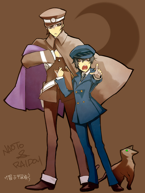 1boy, 1girl, androgynous, atlus, black_hair, brown_eyes, cabbie_hat, cape