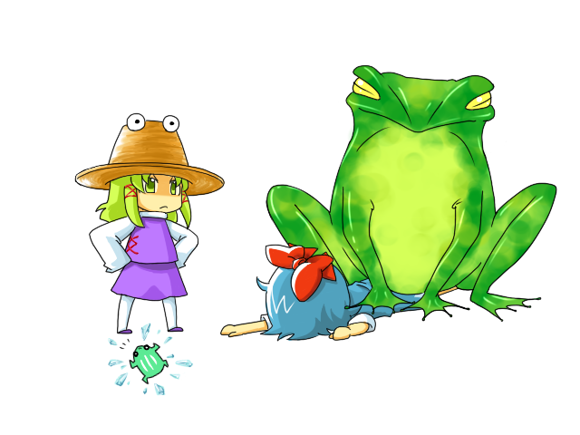animal, cirno, frog, giant_toad, hana_azuki, hat, moriya_suwako, multiple_girls