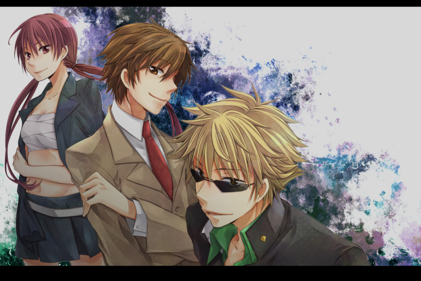 1girl, 2boys, bandage, belt, blazer, blonde_hair, brown_eyes, brown_hair