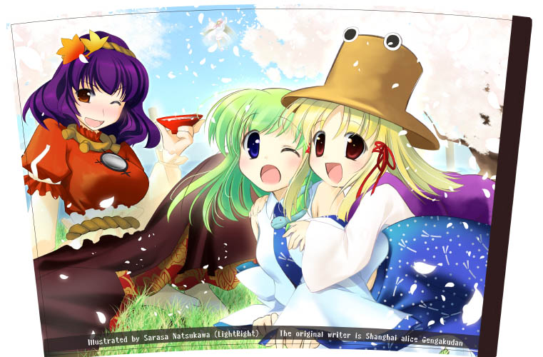 kochiya_sanae, moriya_suwako, natsukawa_sarasa, sarasa_natsukawa, touhou, yasaka_kanako