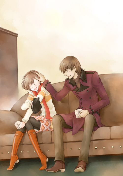 1boy, 1girl, aragaki_shinjirou, atlus, beanie, brown_eyes, brown_hair, closed_eyes