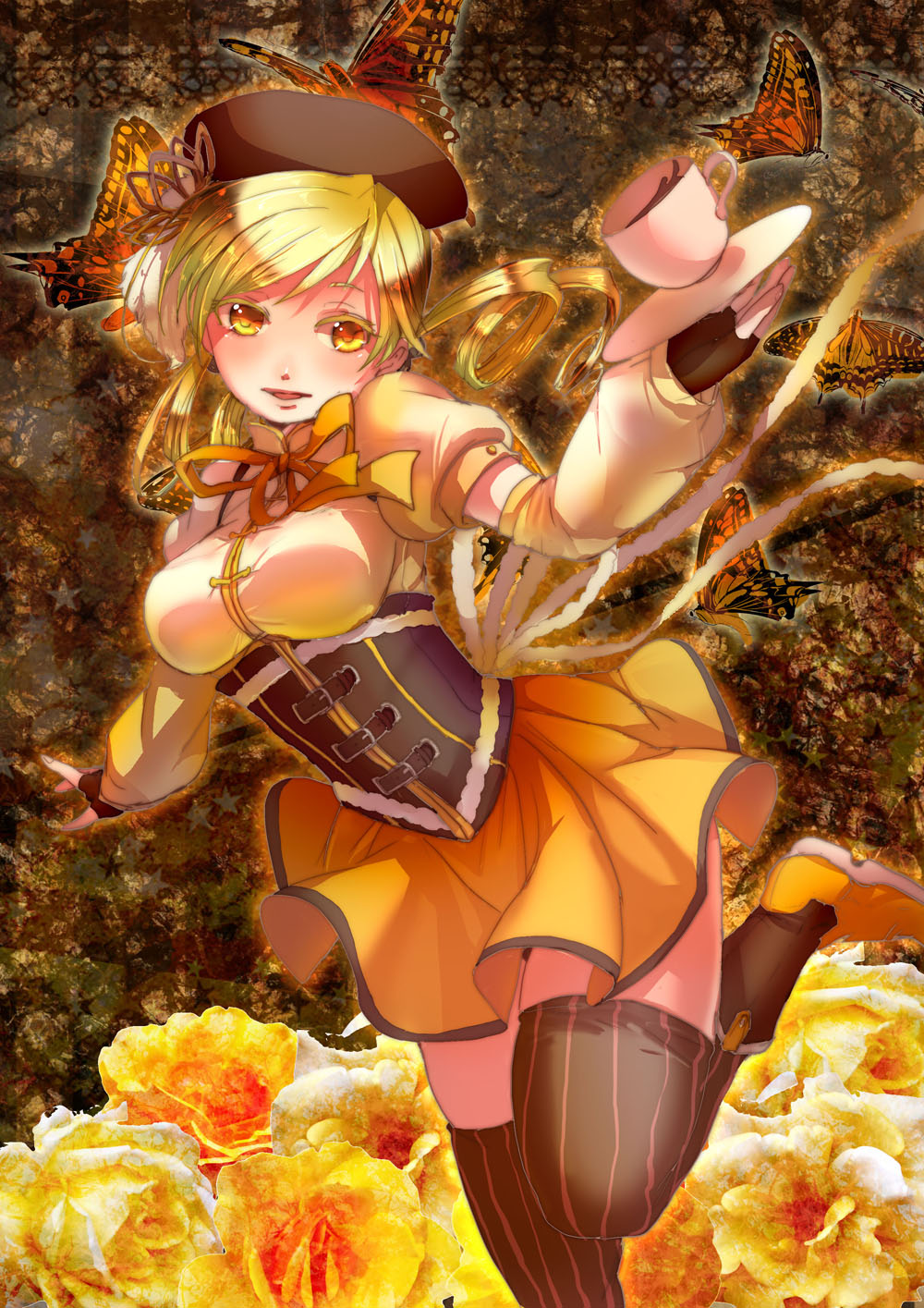 1girl, bad_id, blonde_hair, butterfly, colored_eyelashes, cup, drill_hair, enoking, eyelashes, fingerless_gloves, flower, gloves, hat, highres, mahou_shoujo_madoka_magica, sausage, solo, tea, teacup, thigh-highs, tomoe_mami, yellow_eyes