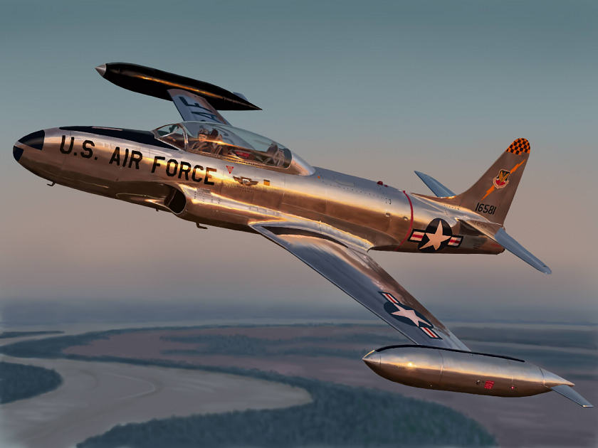 1boy, airplane, drop_tank, f-80, f-80_shooting_star, flying, fuyunobu, jet, military, original, p-80, p-80_shooting_star, photorealistic, pilot, realistic, river, sky, solo, star, t-33