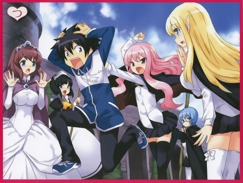 1boy, 5girls, ascot, black_hair, black_legwear, blonde_hair, blue_eyes, blue_hair