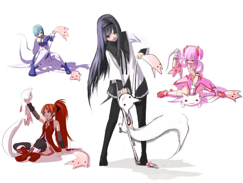 4girls, akemi_homura, animal_abuse, black_hair, black_legwear, blue_hair, boots, hairband