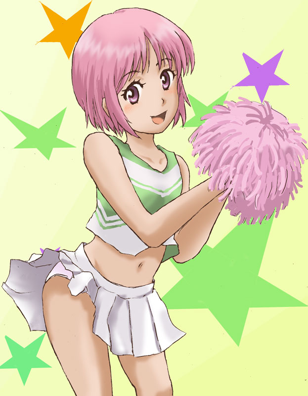 1girl, cheerleader, child, crop_top, crop_top_overhang, kamosikayasyamoji, looking_at_viewer, midriff